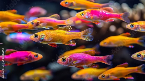  A large group of yellow and pink fish intermingle with orange and pink fish
