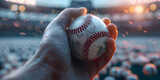  Hand Hold Baseball ball on a background Close up of a hand gripping a baseball inside a stadium background  

