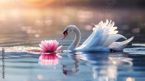  A swan swims in the water, holding a pink flower in its beak Its reflection mirrors the scene on the surface