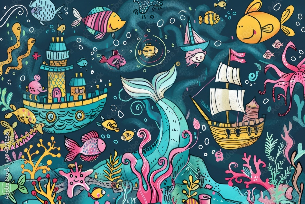Cartoon cute doodles of a whimsical underwater world where mermaids and sailors coexist in harmony, Generative AI
