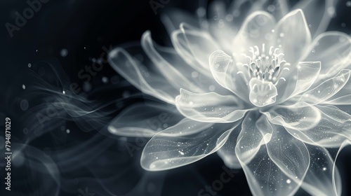   A monochrome image of a bloom sporting water beads on its petals, accompanied by an indistinct backdrop
