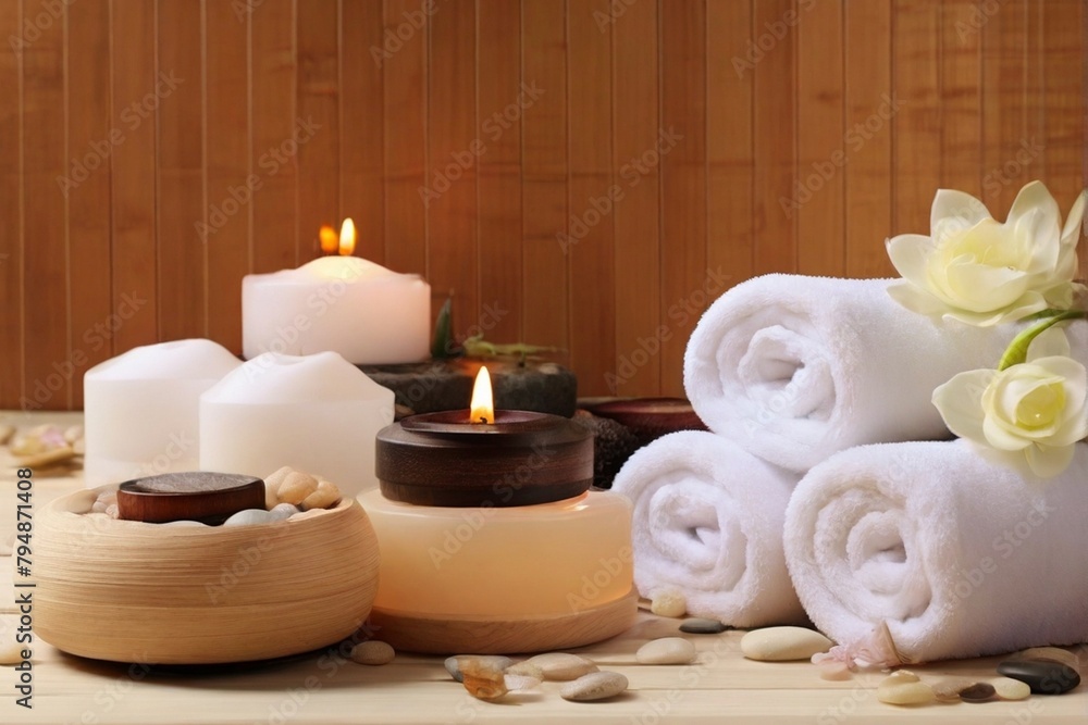 Beautiful spa composition by towel, candle and flowers with beauty products Beautiful spa composition by towel, candle and flowers with beauty products