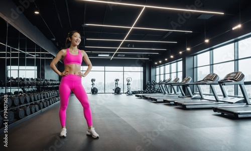  East Asian Woman in Gym Attire. Happy Asian Woman Working Out. Smiling Woman at a Fitness Club
