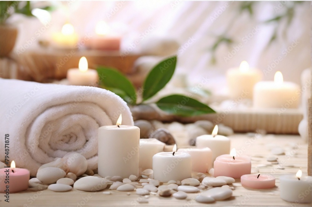 Beautiful spa composition by towel, candle and flowers with beauty products