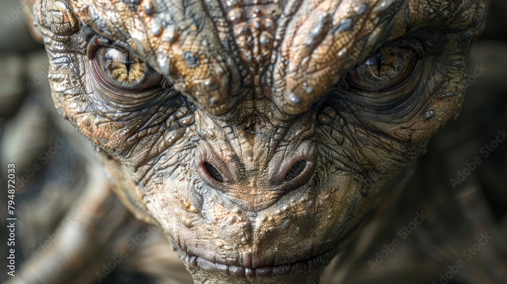 A tight shot of an extraterrestrial entity with numerous wrinkles adorning its facial features and eyes A tight shot of an extraterrestrial entity with numerous wrinkles adorning its facial features and eyes