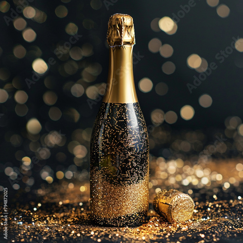 biglietto o striscione per augurare un felice anno nuovo 2025 in oro su sfondo nero con stelle e due flute di champagne  photo