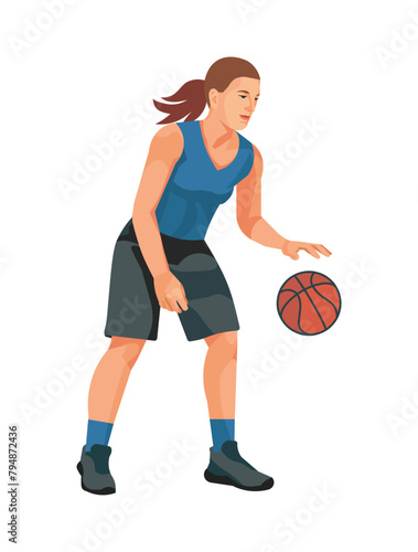 Women's basketball girl player in a blue jersey hits the ball dribbling standing in a half turn