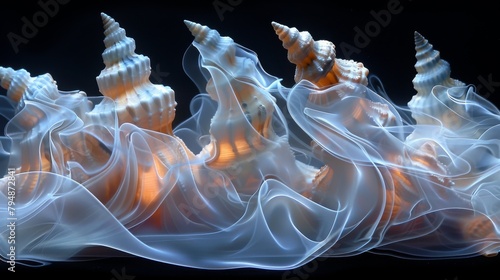 X-ray scan of a pile of seashells, revealing the shapes and patterns of each shell. photo