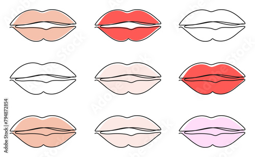 One line drawing of lips. Concept lineart simple symbol for lipstick. Horizontal banner for poster, makeup. Isolated editable stroke. Hand Drawn Vector Illustration. Smiling mouth contour in Doodle st (ID: 794872854)