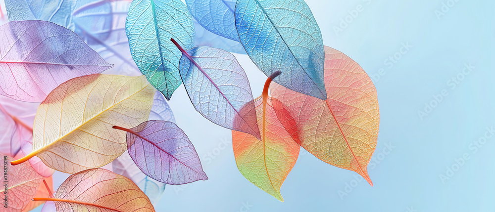 Colorful transparent leaves on a blue pastel background banner with empty  copy space 