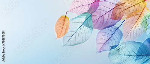 Colorful transparent leaves on a blue pastel background banner with empty copy space 