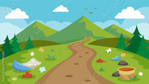 A trashcovered hiking trail once a peaceful escape into nature now a visual representation of the harm caused by littering.