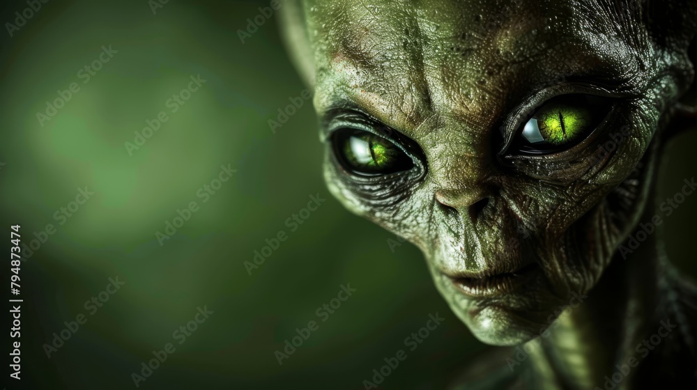   A tight shot of an alien gazing into the camera, its right eye aglow with a soft green light