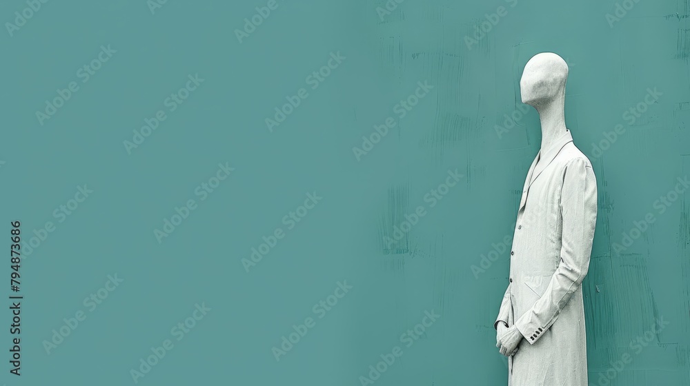 A white mannequin stands before a teal backdrop, clad in a coat A white mannequin stands before a teal backdrop, clad in a coat