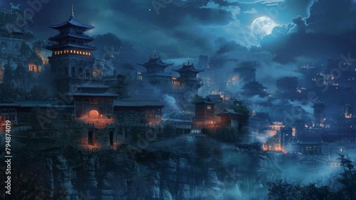 Mystical mountain town under moonlight - An ethereal night view of a mountain perched town glowing under moonlight, invoking a sense of tranquility and timelessness