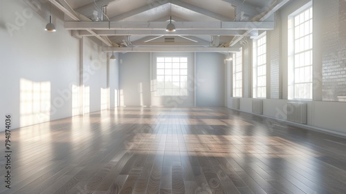 Empty spacious loft with sunlight and shadows - An expansive empty loft with high ceilings basked in natural sunlight casting long shadows across the wooden floor