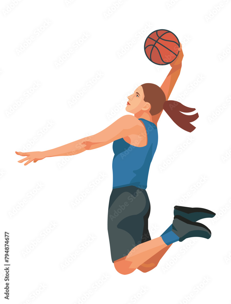 Women's basketball professional girl player in a blue jersey in profile who jumps high to dunk the ball into the hoop Women's basketball professional girl player in a blue jersey in profile who jumps high to dunk the ball into the hoop