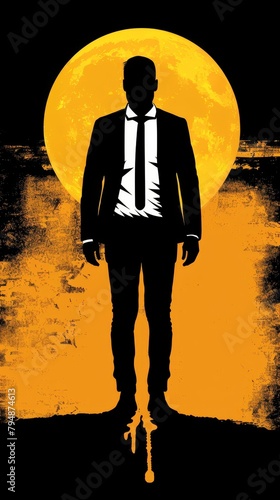  A man in suit and tie stands before a full moon, hands in pockets