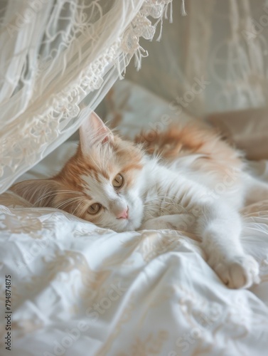 Resting cat on bed under soft canopy light - Peaceful cat lounging on a bed in a soothing atmosphere with gentle canopy lighting photo
