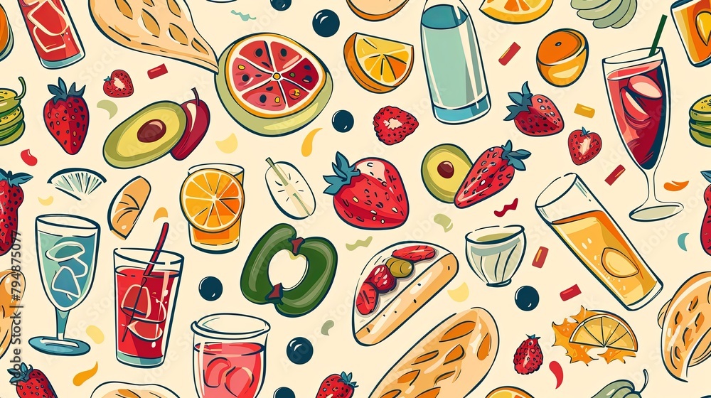 seamless pattern with fruits and glass of juice seamless pattern with fruits and glass of juice