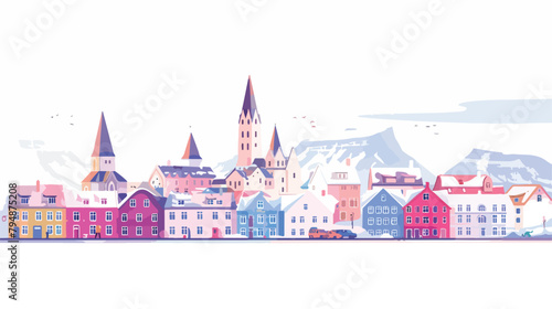 Panoramic view of Reykjavik Iceland Hand drawn style