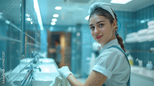 Maid in uniform scrubbing a hotel bathroom to perfection