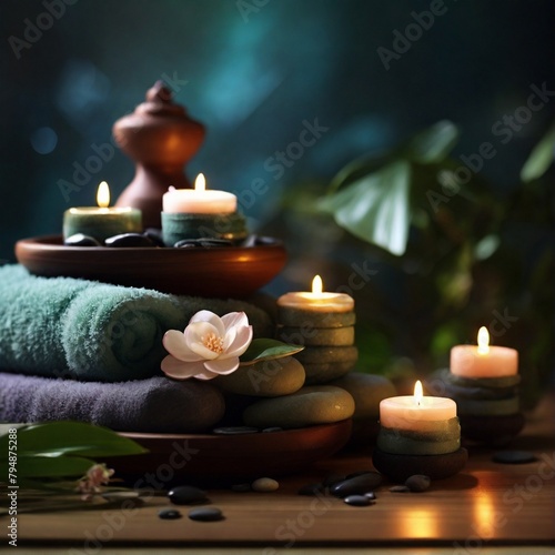 Stunning spa composition by towel  candle and flowers with beauty products