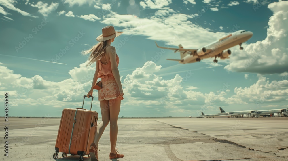 Obraz premium Under the hot sun, a woman steps towards the entrance of the airport, picking up her suitcase, while plane travels in sky. The overall plan is full growth. Concept: vacations, travel, travel, vacation