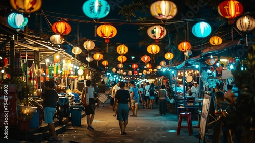 A bustling Asian night market with street food vendors and colorful lanterns
