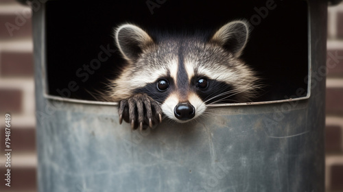 A curious raccoon peeking out from behind a trash can, its nimble hands reaching out to investigate.