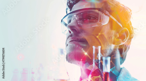 Portrait of a man scientist with copy space, male chemist letting see test tubes and scientific effects isolated on white background