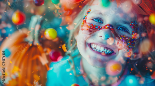 Young happy girl kid with colorful candies in Halloween inspired background
