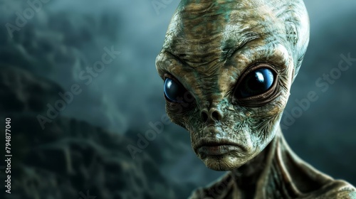  A tight shot of an alien with piercing blue eyes and an ominous expression Dark clouds loom menacingly in the backdrop