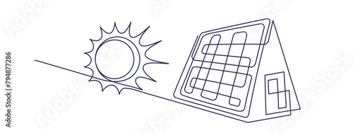 Sun, solar energy panel House continuous line sign