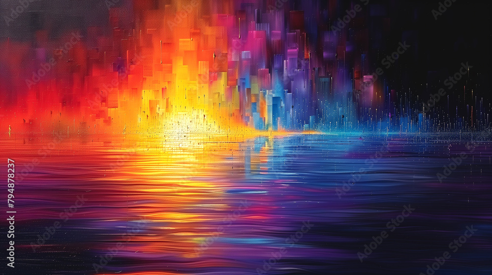 A painting of a sunset with a city skyline in the background