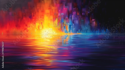 A painting of a sunset with a city skyline in the background