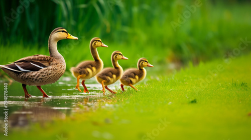 A family of ducks waddling across a lush green field, their fluffy chicks trailing behind them in a neat line. photo