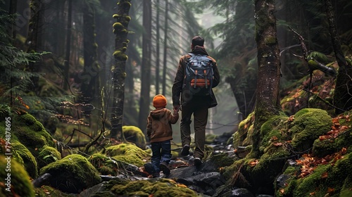 A father and son entering a serene, moss-covered forest