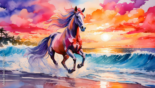 a vibrant watercolor painting of a horse in full gallop on a beach at sunset, with splashing waves and vivid colors in the sky photo