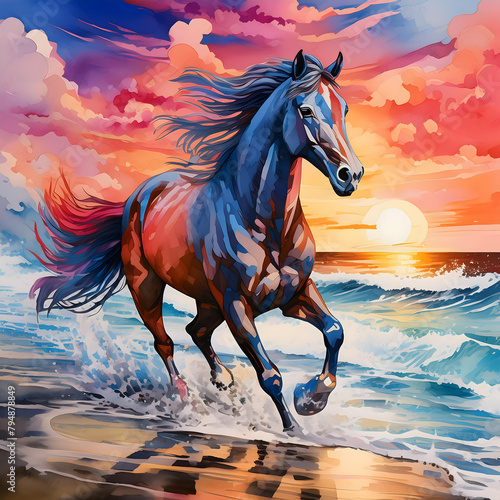 a vibrant watercolor painting of a horse in full gallop on a beach at sunset  with splashing waves and vivid colors in the sky