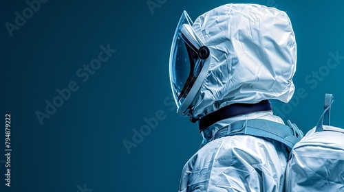   A man in a spacesuit gazes away from the camera  helmet and goggles concealing his face