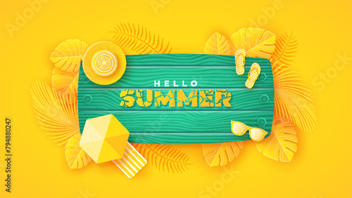 Summer background with yellow leaves and green boards. Summer background in paper craft style. paper cut and craft style. vector.