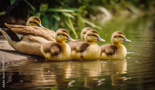 A family of fluffy ducklings waddling in a row behind their mother near a tranquil pond.