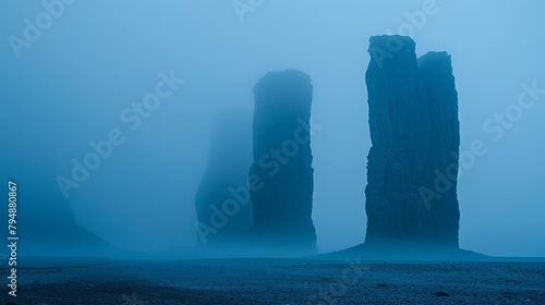  A few tall rocks sit in a foggy field, before a towering rock formation