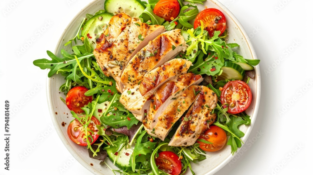 A plate of salad with grilled chicken and tomatoes A plate of salad with grilled chicken and tomatoes