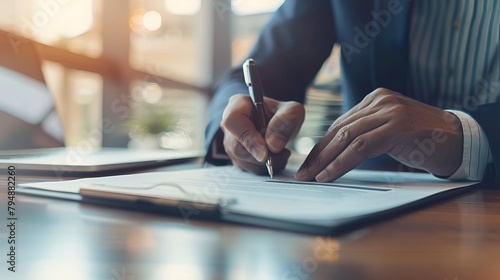 Close-up of a hand signing documents on a desk in a professional workspace