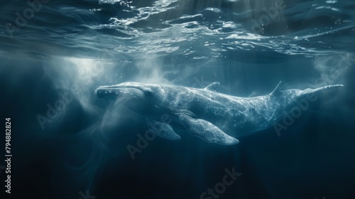  A humpback whale swims beneath the water's surface in this artistic image