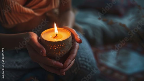 Close-up of hands lighting a candle, getting ready for relaxation