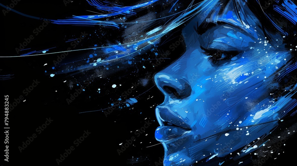 A woman's face depicted in blue and black paint splatter, hair billowing in the wind A woman's face depicted in blue and black paint splatter, hair billowing in the wind