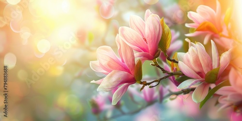 Magnolia flowers in sunlight. Floral banner with copy space for card or invitation